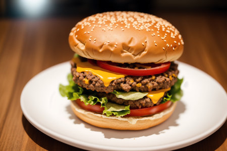 Closeup of hamburger on a white plate on a wooden tableの素材