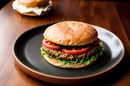 Tasty hamburger with beef, tomato and cheese on black plateの素材