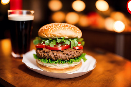 Hamburger with a glass of dark beer on a wooden tableの素材