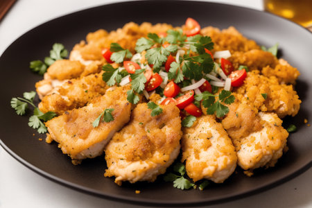 chicken fillet with rice and vegetables on a white background.の素材
