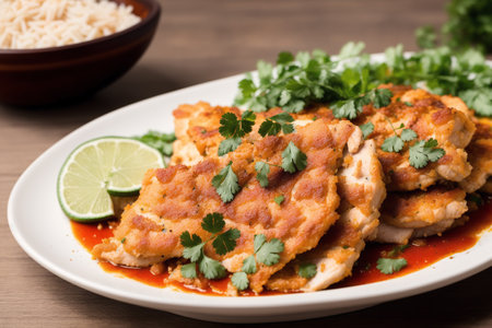 Chicken schnitzel in tomato sauce with rice and parsleyの素材