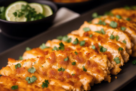 Fried chicken fillet with cheese and parsley on black plateの素材