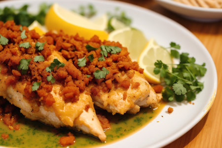 Fish dish - fried fish fillet with lemon and parsley.の素材