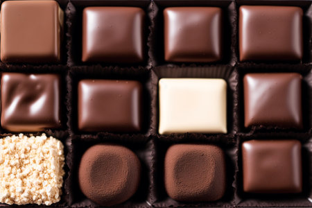 Box of assorted chocolates, top view, close-upの素材