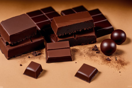 Pieces of chocolate and chocolate candies on a brown background.の素材