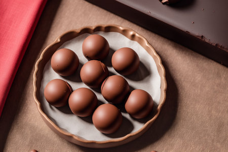 Chocolate truffles in a plate on a brown background.の素材