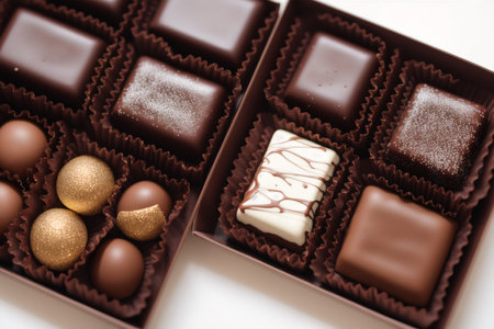 Box of assorted chocolates on white background, top view.の素材