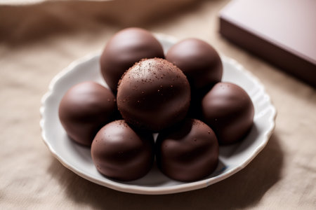 Chocolate truffles on a white plate. Selective focus.の素材