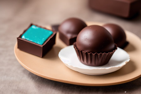 Chocolate truffles on a plate and chocolate bar in the backgroundの素材