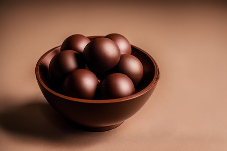 Chocolate Easter eggs in a brown bowl on a brown background.の素材