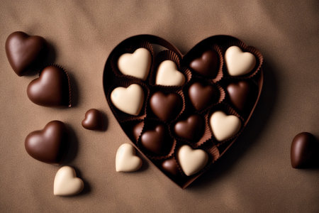 Chocolate candies in heart shaped box on brown background, top viewの素材