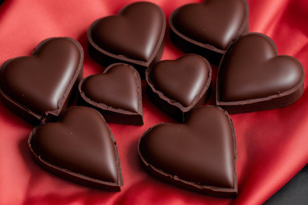 Heart shaped chocolate candies on red background. Valentine's day.の素材