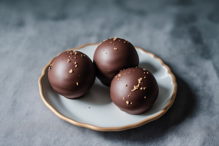 Chocolate truffles on a plate on a gray background.の素材