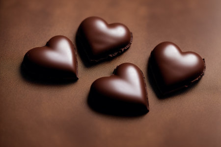 Chocolate hearts on a brown background. Shallow dof.の素材