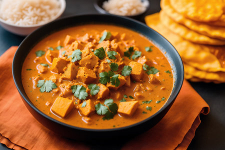 Paneer Butter Masala or Cheese Cottage Curry, popular Indian main course recipe served in a bowl. selective focusの素材