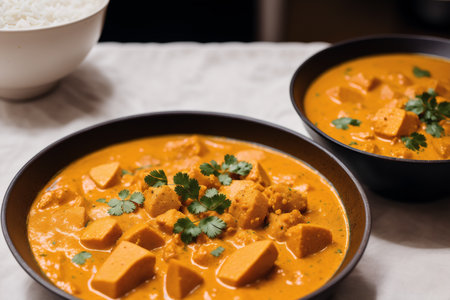 Paneer Butter Masala or Cheese Cottage Curry in a bowl, selective focusの素材