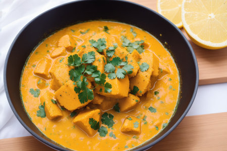 Paneer Butter Masala or Cheese Cottage Curry in a bowl, selective focusの素材