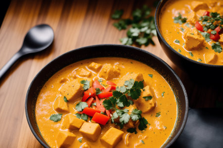 Paneer Butter Masala or Cheese Cottage Curry in a bowl, selective focusの素材