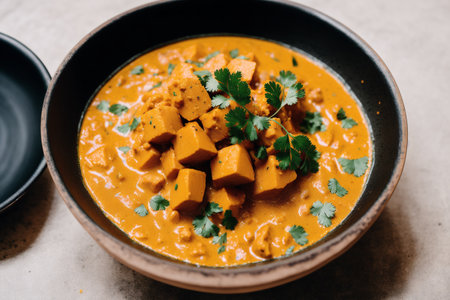 Paneer Butter Masala or Cheese Cottage Curry in a bowl, selective focusの素材