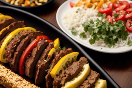 Lamb kebab with rice and vegetables on wooden table, closeupの素材