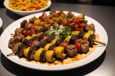 Grilled kebab on skewers with vegetables on a plateの素材