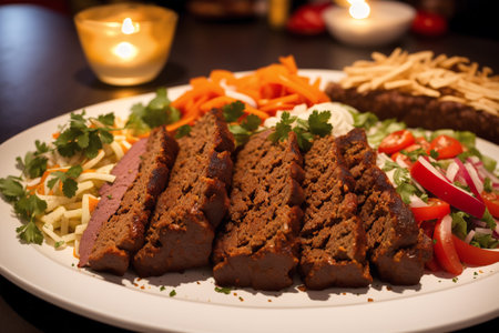 Slices of liver pate on a plate with salad.の素材