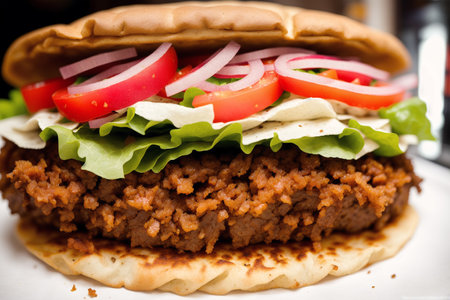 Homemade hamburger with minced meat and vegetables on a white plateの素材