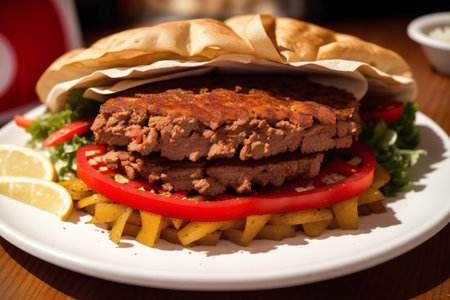 Traditional turkish doner kebab served with fries and vegetablesの素材
