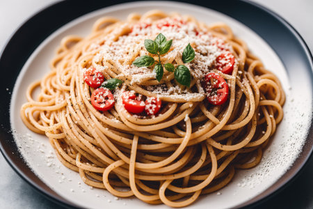 Spaghetti with cherry tomatoes and parmesan cheese. Italian foodの素材