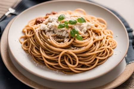 Spaghetti with tomato sauce and basil on a plate, close upの素材