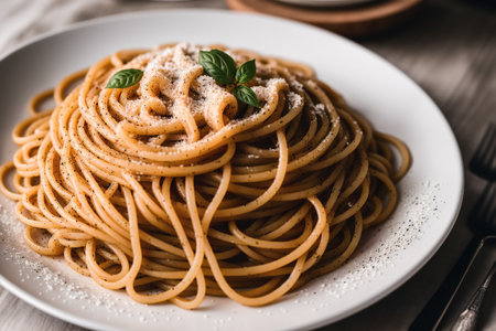 Spaghetti with basil and parmesan on a white plate.の素材
