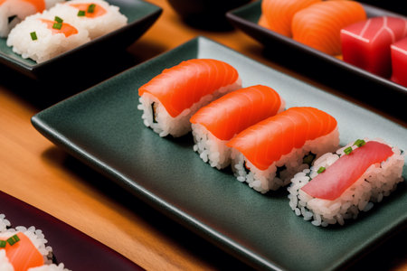 Japanese food. Sushi set on a white plate in a restaurantの素材