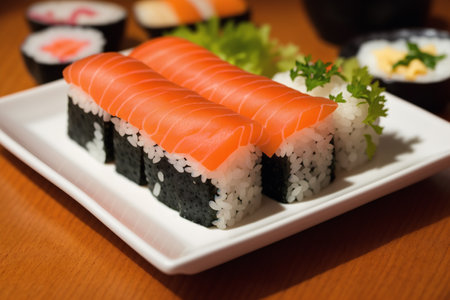 Sushi rolls with salmon and cucumber on a black plate.の素材