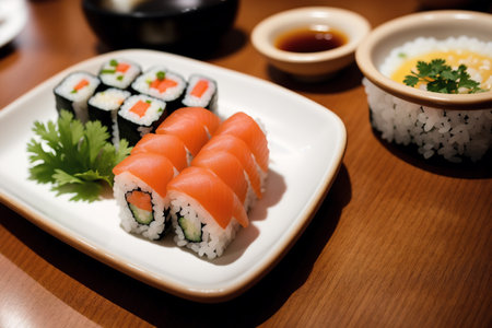 Sushi set on a white plate, japanese food.の素材