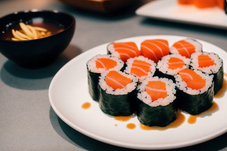 Japanese food restaurant. Sushi set on a white plate with chopsticks.の素材