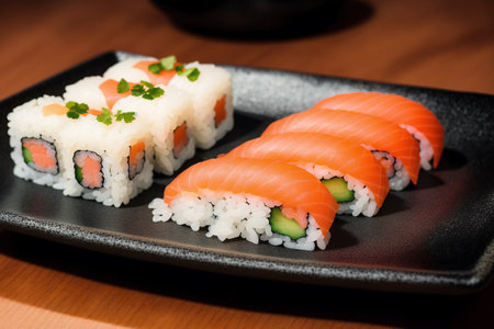 Sushi on a black plate on a wooden table in a restaurantの素材