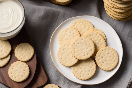 Crispy crackers with sour cream on a white plate.の素材