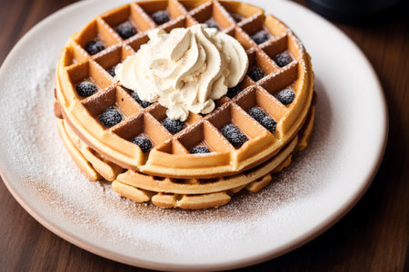 Belgian waffles with whipped cream and blueberries on a plateの素材