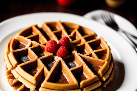 Waffles with raspberries on a wooden table. Selective focus.の素材