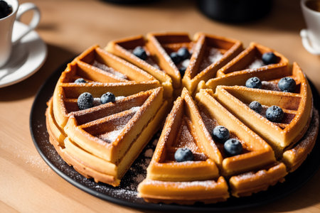 Belgian waffles with blueberries and icing sugar on wooden tableの素材