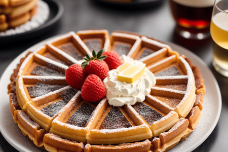 Delicious waffles with strawberries and whipped cream on table, closeupの素材