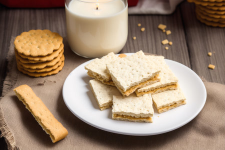 Biscuits with crackers and a candle on a wooden backgroundの素材