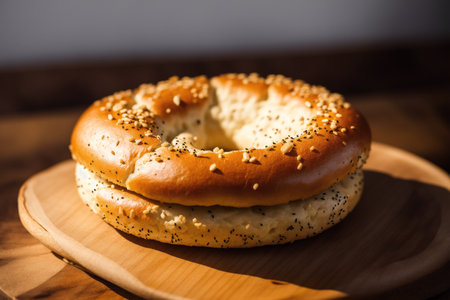 Bagel with sesame seeds on a wooden board. Selective focus.の素材