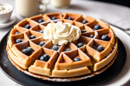 Belgian waffles with blueberries and whipped cream on a plateの素材
