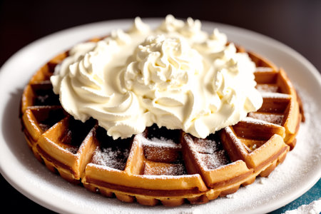Belgian waffles with whipped cream and chocolate chips on top.の素材