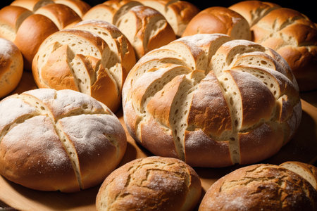 Freshly baked breads on a wooden table. Toned.の素材