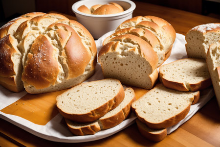 Freshly baked bread on the table. Selective focus. Toned.の素材