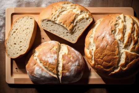 Freshly baked bread on a wooden cutting board. Toned.の素材