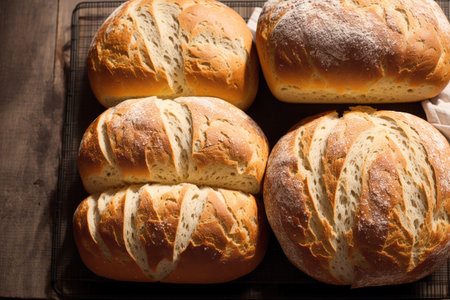 Freshly baked bread on wooden background. Selective focus. Toned.の素材