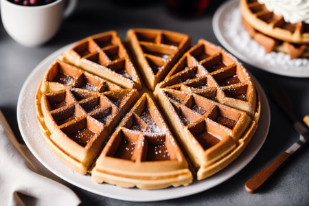 Belgian waffles with whipped cream and sugar on a black background.の素材